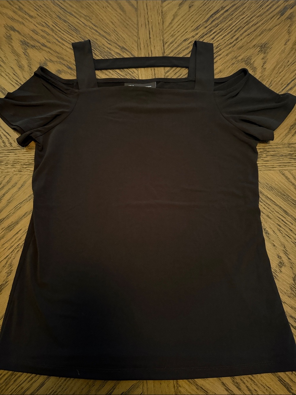 INC International Concepts Black Cold-Shoulder Square Neck Top with Strap Detail
